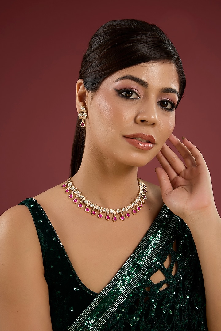 Gold Finish Pearl & Pink Stone Necklace Set by Aura Trends at Pernia's Pop Up Shop