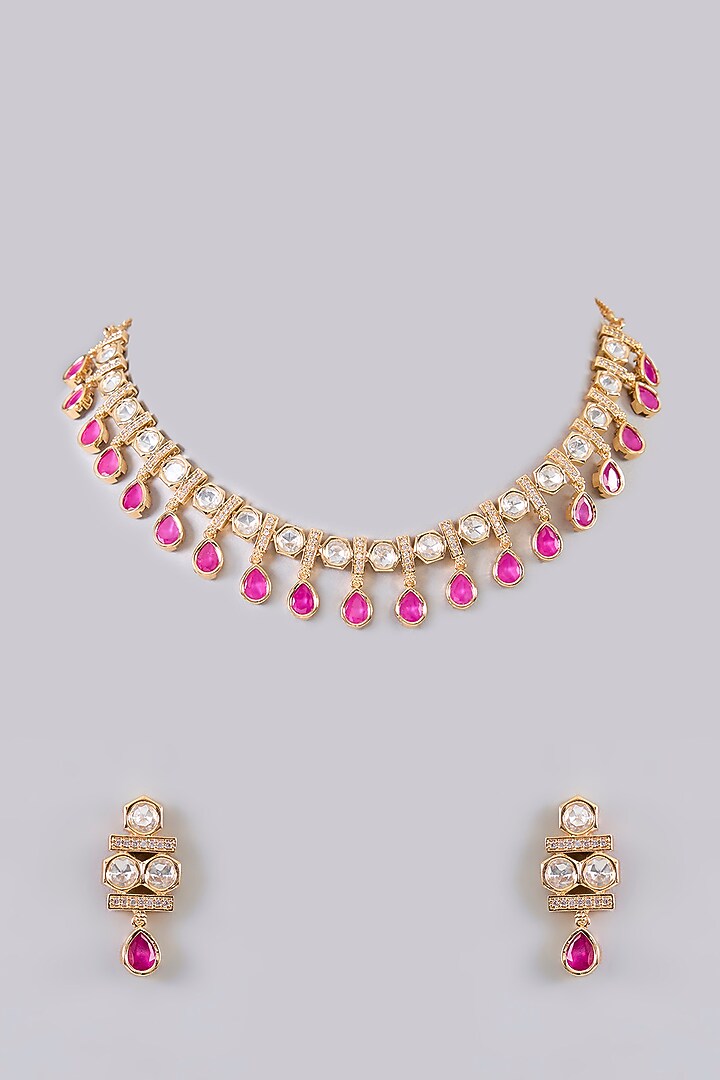 Gold Finish Pearl & Pink Stone Necklace Set by Aura Trends at Pernia's Pop Up Shop