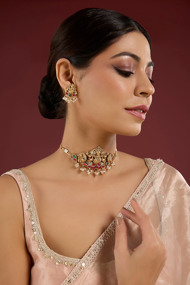 Gold Finish Pearl & Kundan Polki Temple Necklace Set by Auraa Trends at Pernia's Pop Up Shop