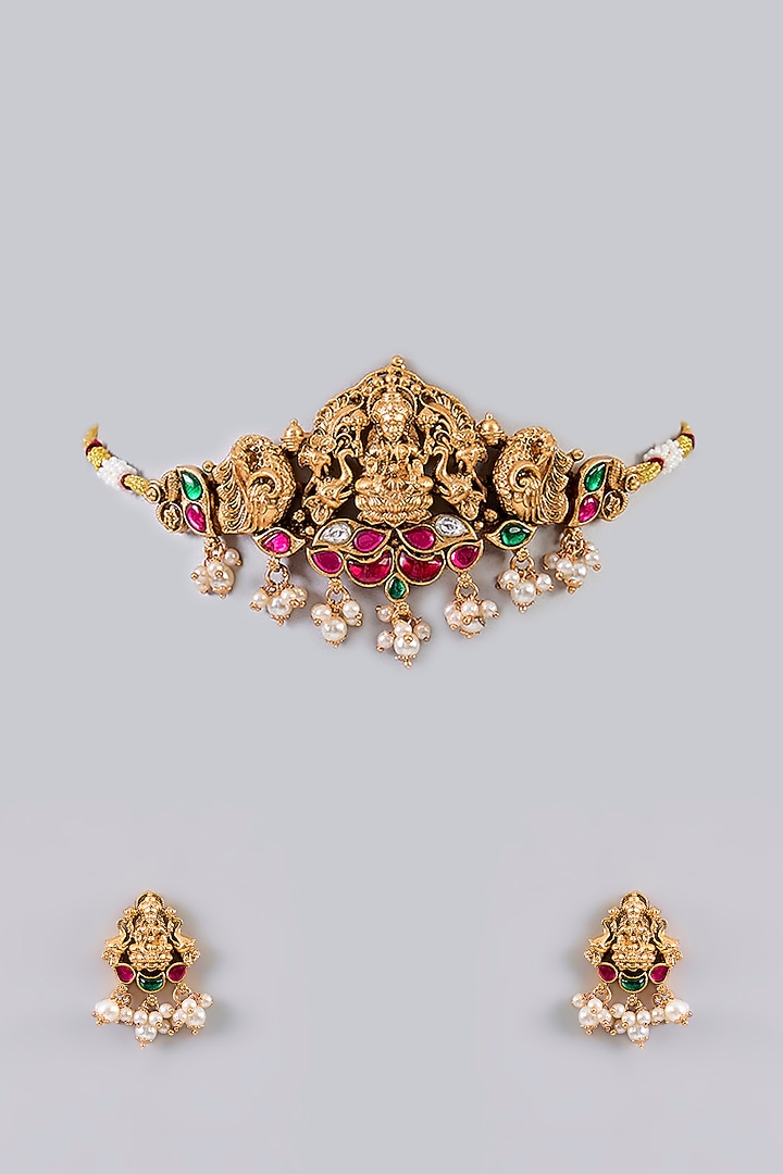 Gold Finish Pearl & Kundan Polki Temple Necklace Set by Aura Trends at Pernia's Pop Up Shop