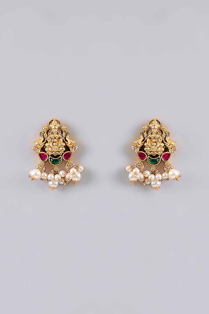 Gold Finish Pearl & Kundan Polki Temple Necklace Set by Aura Trends at Pernia's Pop Up Shop