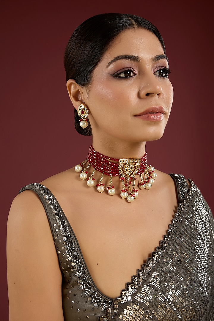 Gold Finish Pearl & Kundan Polki Choker Necklace Set by Aura Trends at Pernia's Pop Up Shop
