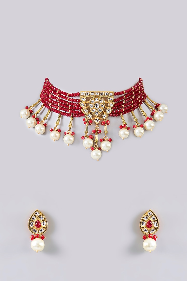Gold Finish Pearl & Kundan Polki Choker Necklace Set by Aura Trends at Pernia's Pop Up Shop