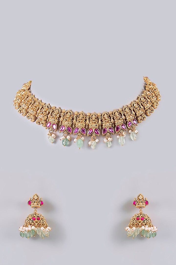 Gold Finish Pearl & Kundan Polki Necklace Set by Aura Trends at Pernia's Pop Up Shop