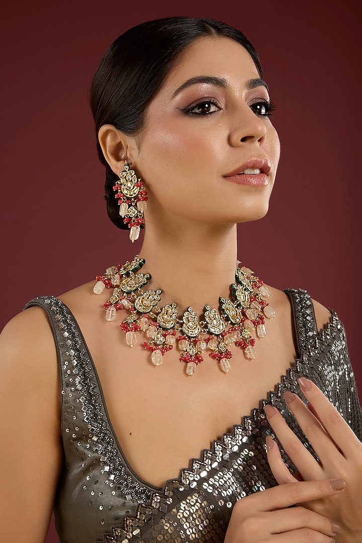 Gold Finish Kundan Polki & Green Beaded Necklace Set by Aura Trends at Pernia's Pop Up Shop