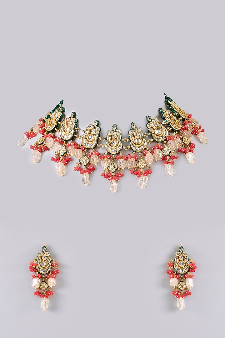 Gold Finish Kundan Polki & Green Beaded Necklace Set by Aura Trends at Pernia's Pop Up Shop