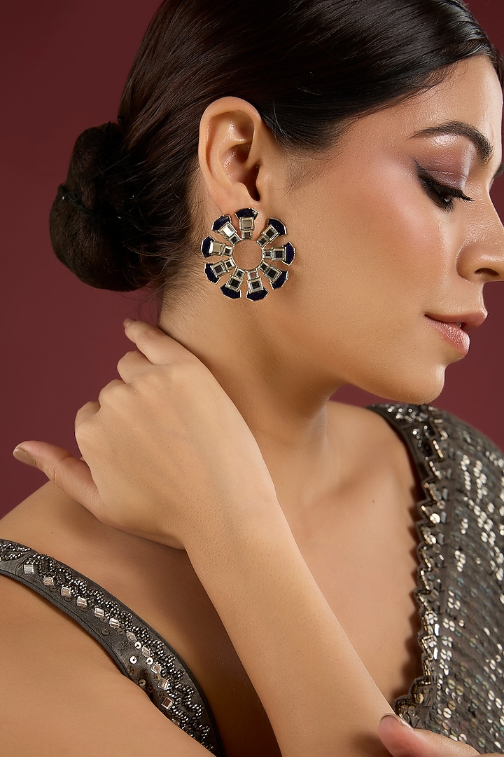 Gold Finish Black & White Stone Floral Earrings by Aura Trends at Pernia's Pop Up Shop
