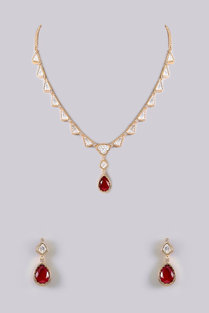Gold Finish Pearl & Kundan Polki Pendant Necklace Set by Aura Trends at Pernia's Pop Up Shop