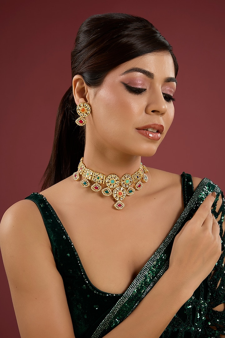 Gold Finish Multi-Colored Stone & Kundan Polki Necklace Set by Aura Trends at Pernia's Pop Up Shop