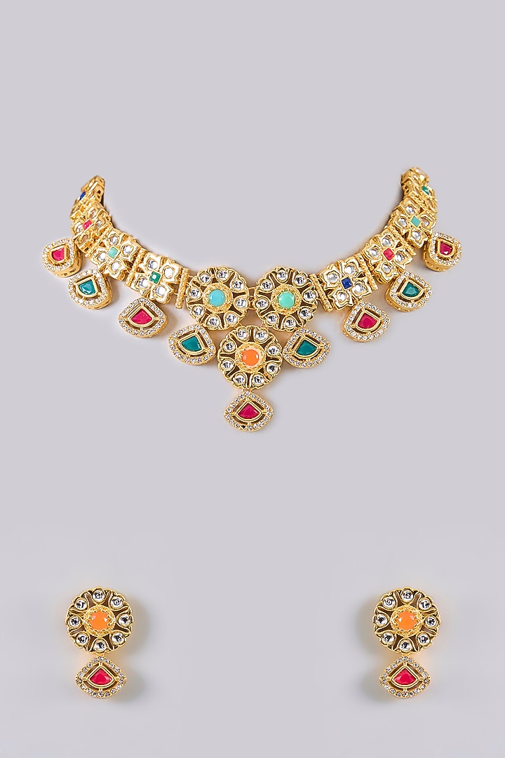 Gold Finish Multi-Colored Stone & Kundan Polki Necklace Set by Aura Trends at Pernia's Pop Up Shop