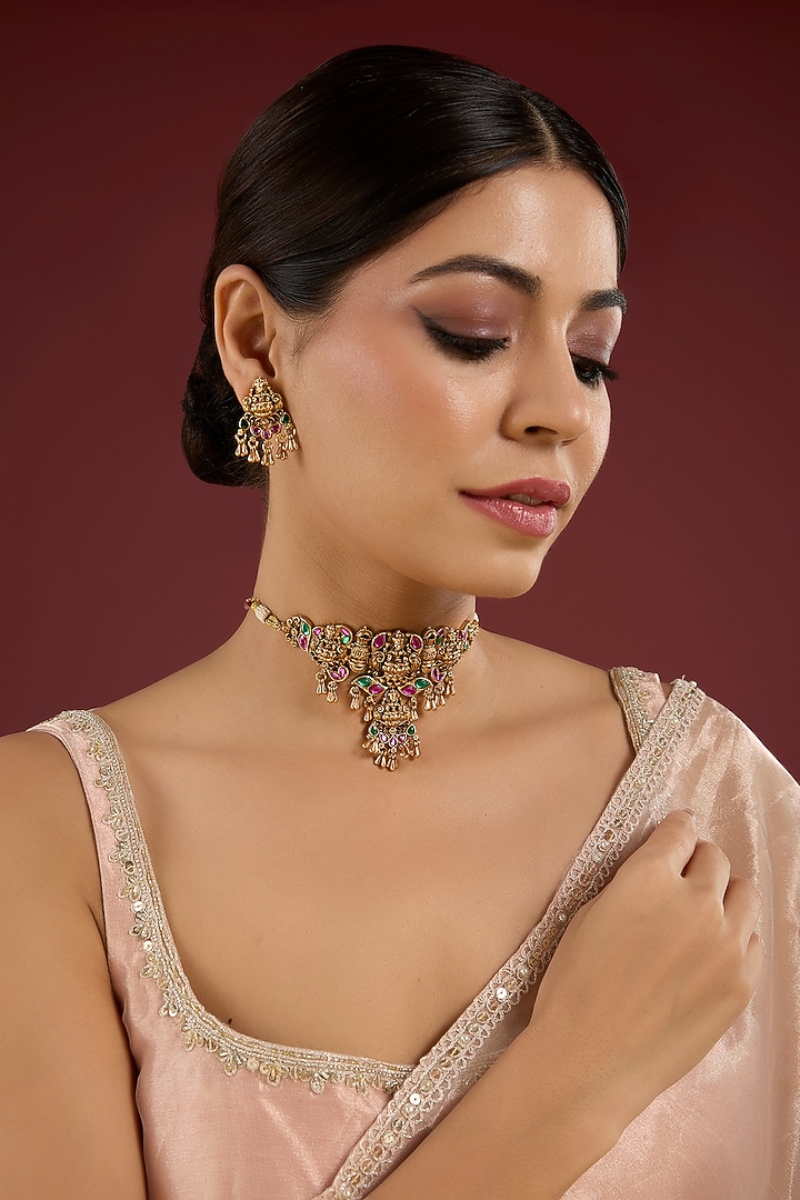 Gold Finish Kundan Polki & Green Stone Necklace Set by Auraa Trends at Pernia's Pop Up Shop
