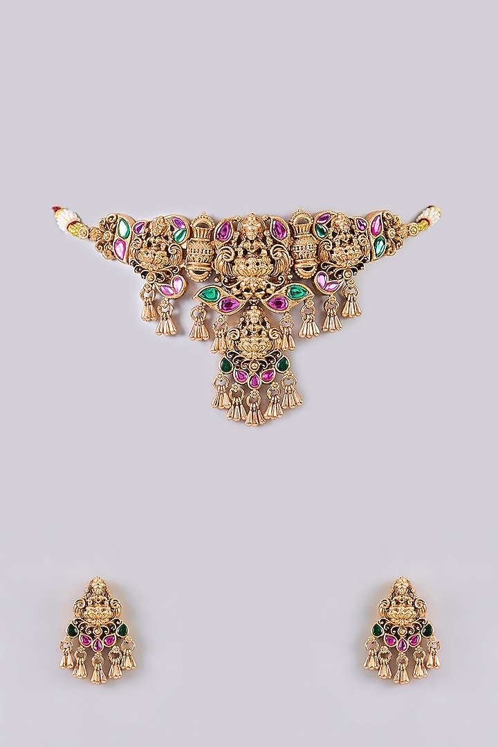 Gold Finish Kundan Polki & Green Stone Necklace Set by Aura Trends at Pernia's Pop Up Shop