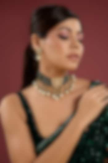 Gold Finish Kundan Polki & Green Stone Necklace Set by Auraa Trends at Pernia's Pop Up Shop