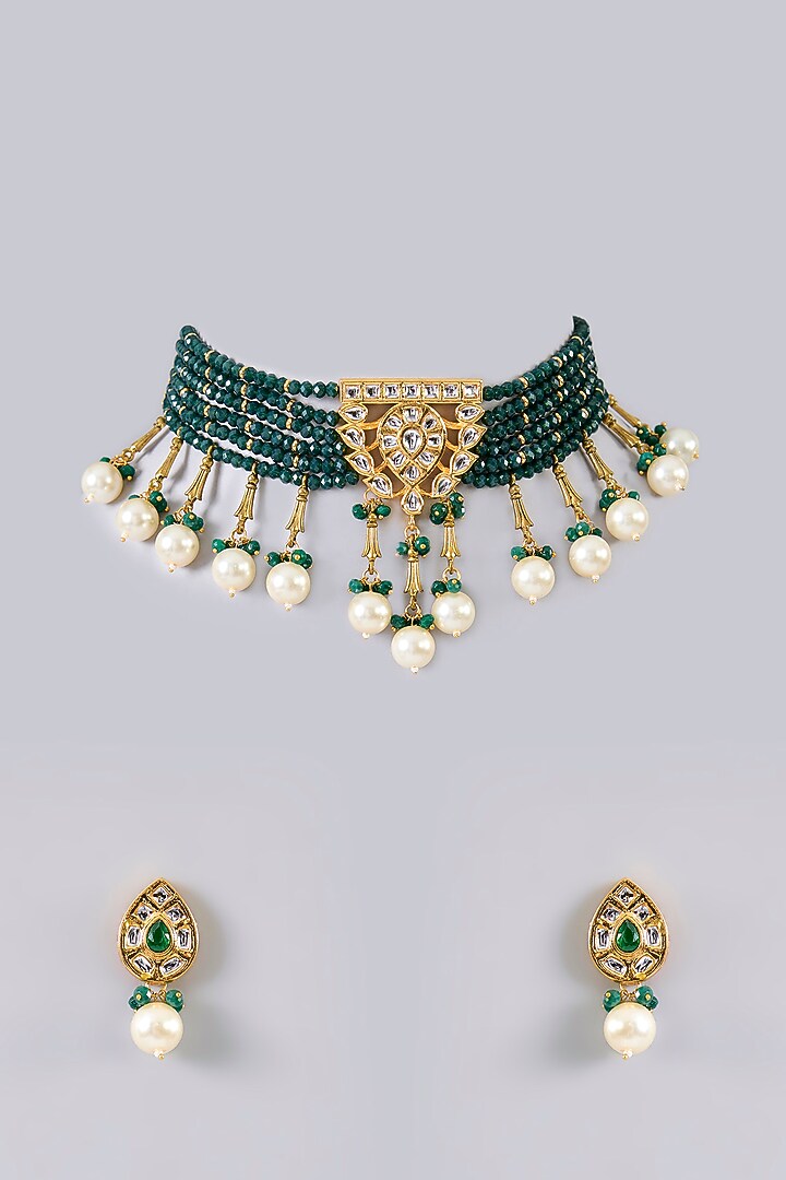 Gold Finish Kundan Polki & Green Stone Necklace Set by Aura Trends at Pernia's Pop Up Shop