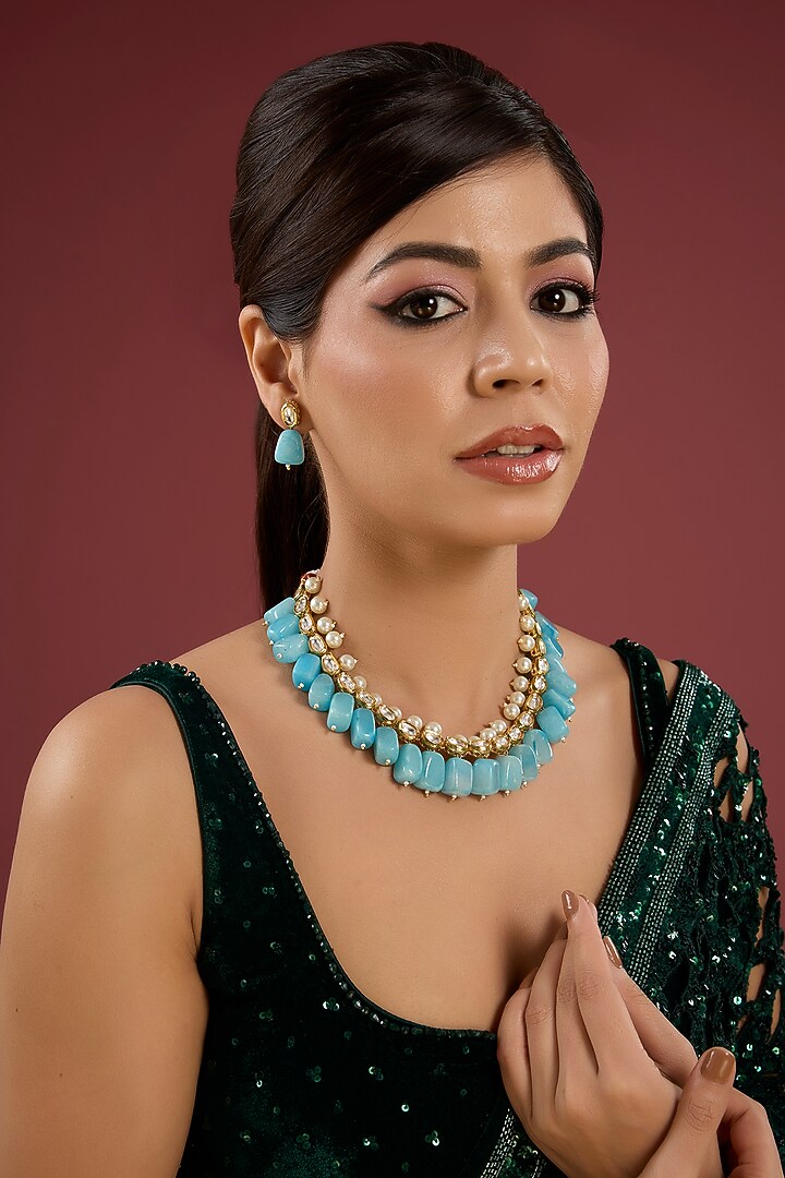 Gold Finish Turquoise Stone & Beaded Necklace Set by Aura Trends at Pernia's Pop Up Shop