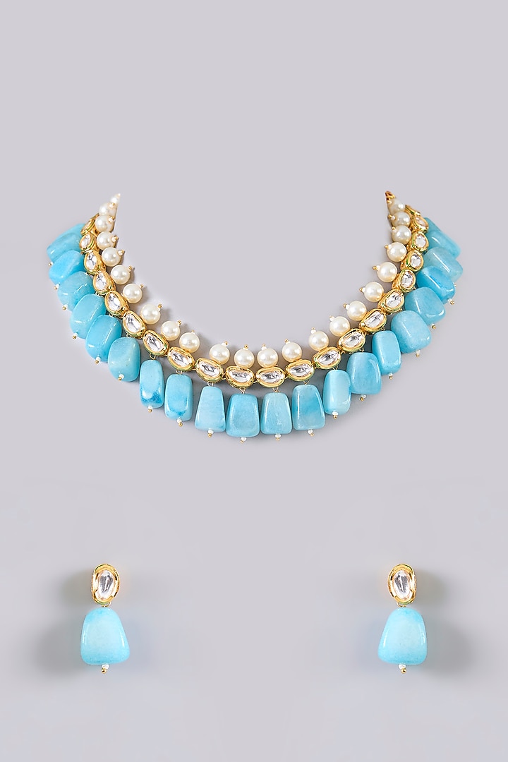 Gold Finish Turquoise Stone & Beaded Necklace Set by Aura Trends at Pernia's Pop Up Shop