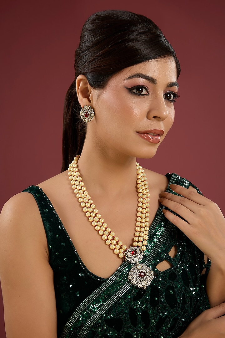 Gold Finish Pearl & Ruby Stone Long Necklace Set by Aura Trends at Pernia's Pop Up Shop