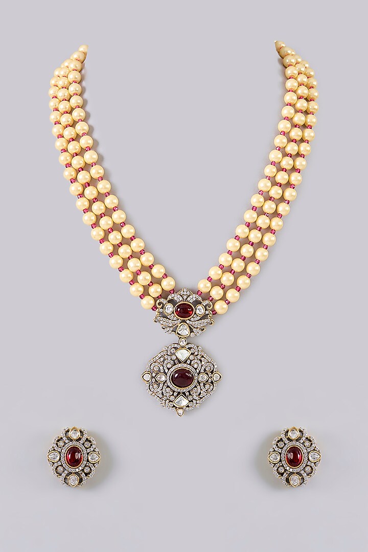 Gold Finish Pearl & Ruby Stone Long Necklace Set by Aura Trends at Pernia's Pop Up Shop