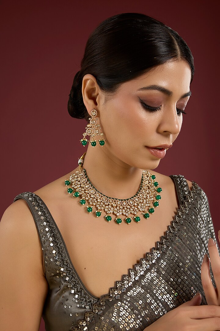 Gold Finish Green Stone & Beaded Necklace Set by Aura Trends at Pernia's Pop Up Shop