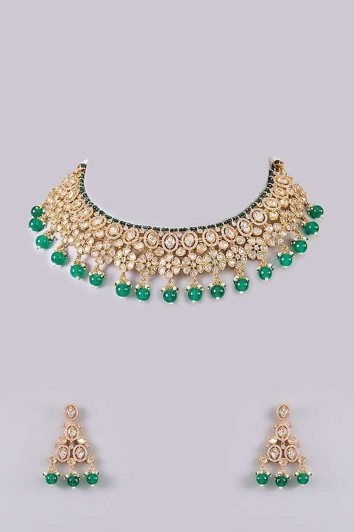 Gold Finish Green Stone & Beaded Necklace Set by Aura Trends at Pernia's Pop Up Shop