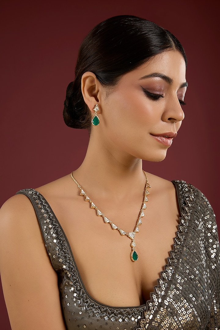 Gold Finish Kundan Polki & Green Stone Necklace Set by Aura Trends at Pernia's Pop Up Shop
