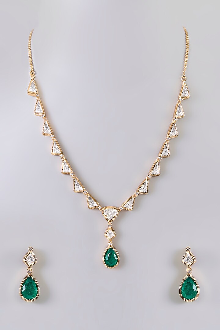 Gold Finish Kundan Polki & Green Stone Necklace Set by Aura Trends at Pernia's Pop Up Shop