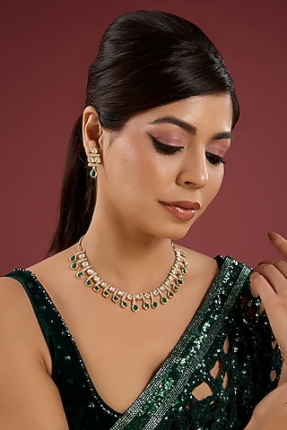 Gold Finish Kundan Polki & Green Stone Necklace Set by Aura Trends