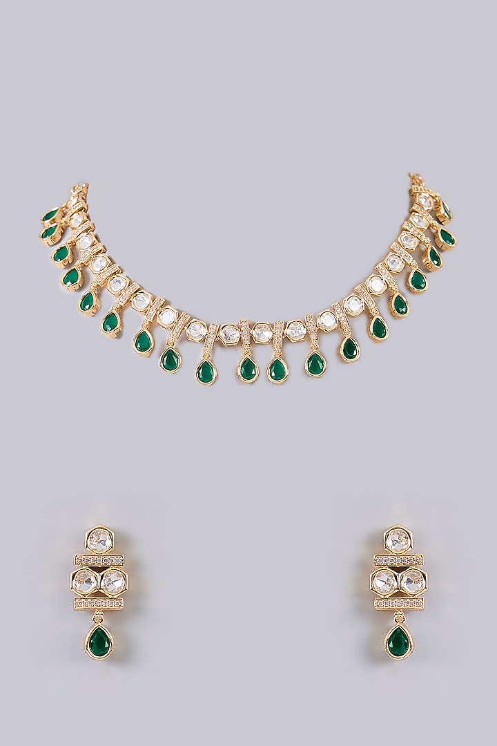 Gold Finish Kundan Polki & Green Stone Necklace Set by Aura Trends at Pernia's Pop Up Shop