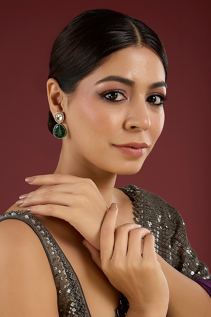 Gold Finish Green & White Stone Earrings by Aura Trends at Pernia's Pop Up Shop