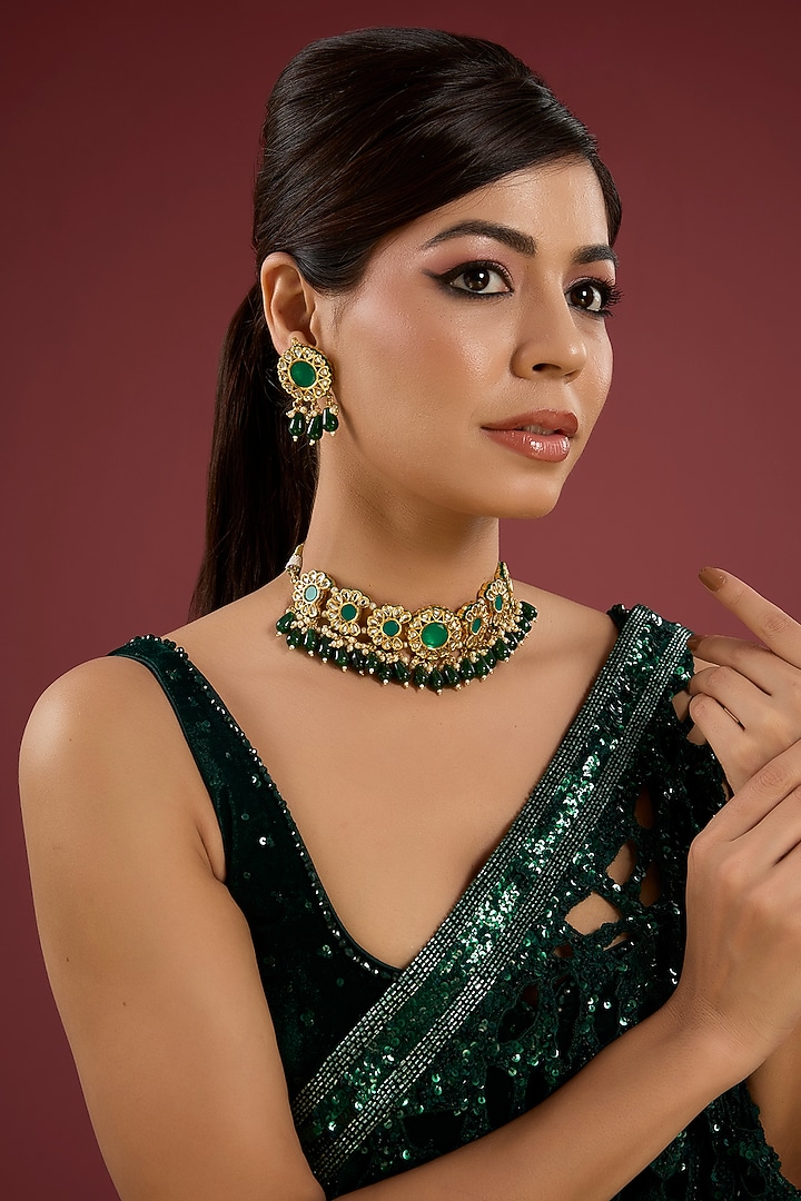 Gold Finish Kundan Polki & Green Stone Necklace Set by Aura Trends at Pernia's Pop Up Shop