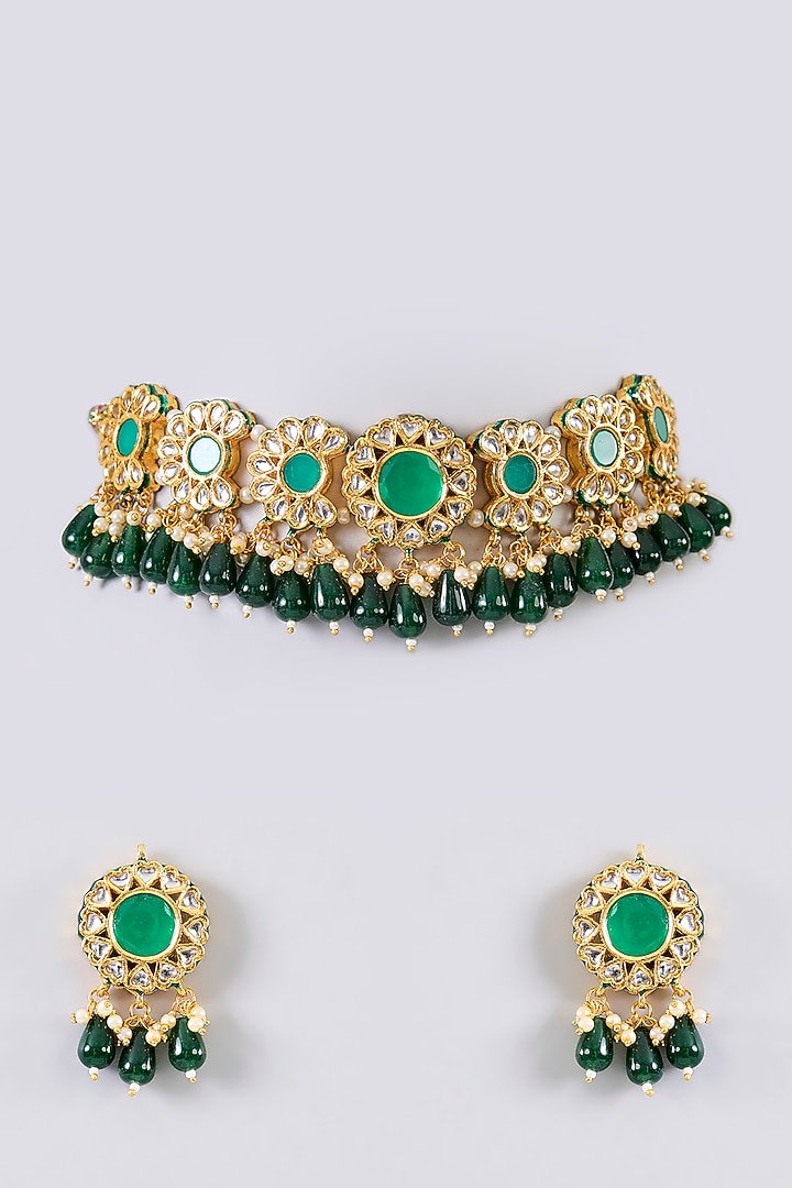 Gold Finish Kundan Polki & Green Stone Necklace Set by Aura Trends at Pernia's Pop Up Shop