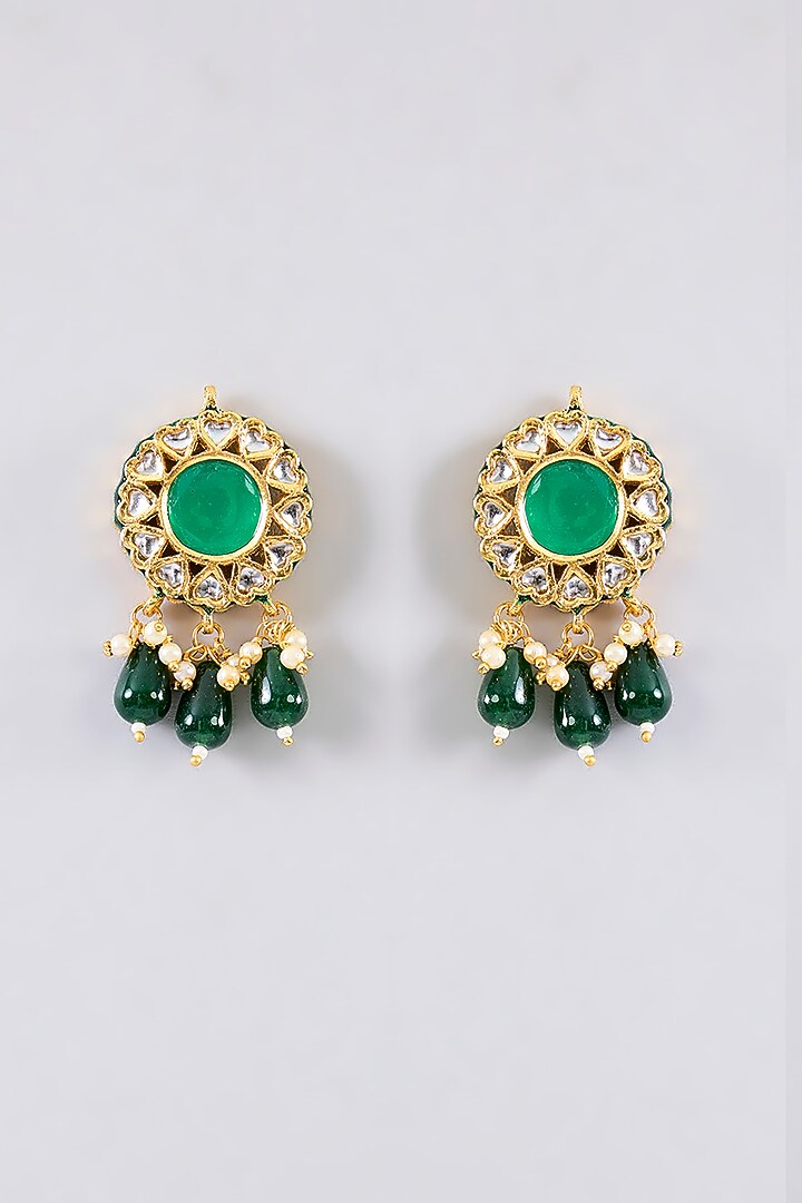 Gold Finish Kundan Polki & Green Stone Necklace Set by Aura Trends at Pernia's Pop Up Shop