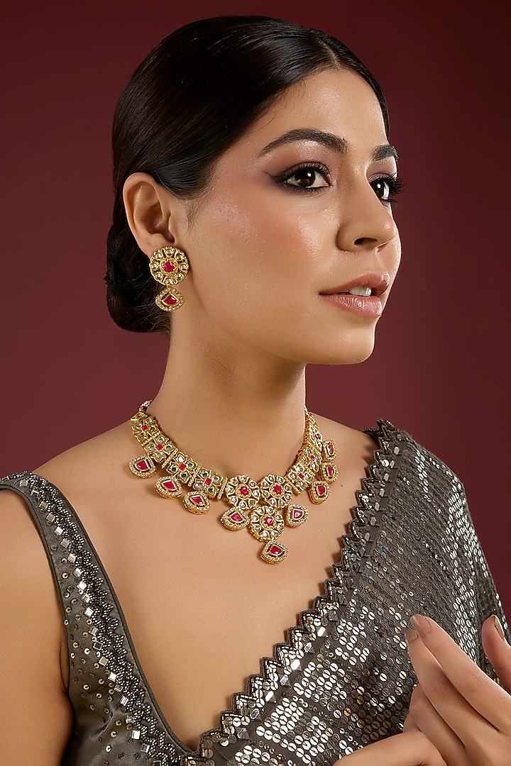 Gold Finish Kundan Polki & Red Stone Necklace Set by Aura Trends at Pernia's Pop Up Shop