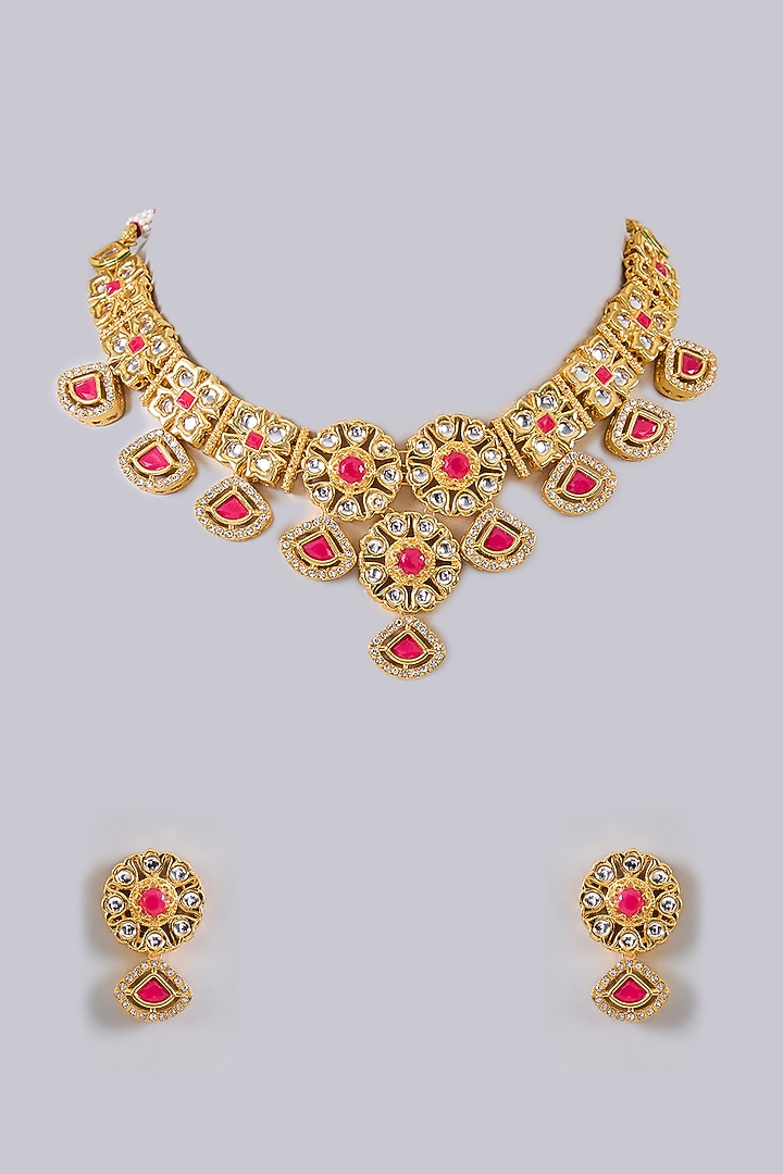Gold Finish Kundan Polki & Red Stone Necklace Set by Aura Trends at Pernia's Pop Up Shop