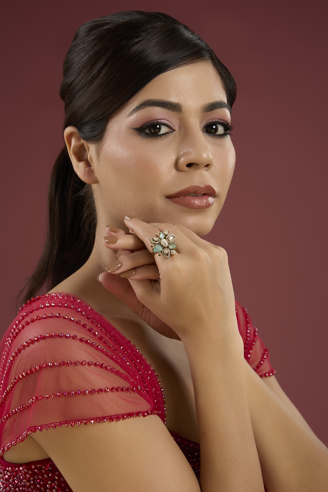 Gold Finish Sparkling Stone Floral Ring by Auraa Trends at Pernia's Pop Up Shop