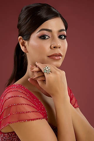 Gold Finish Sparkling Stone Floral Ring by Aura Trends