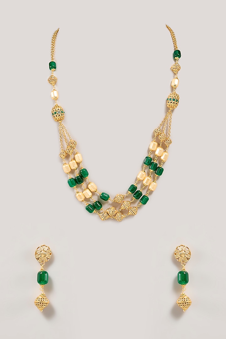 Gold Finish Green Beaded Necklace Set by Aura Trends at Pernia's Pop Up Shop