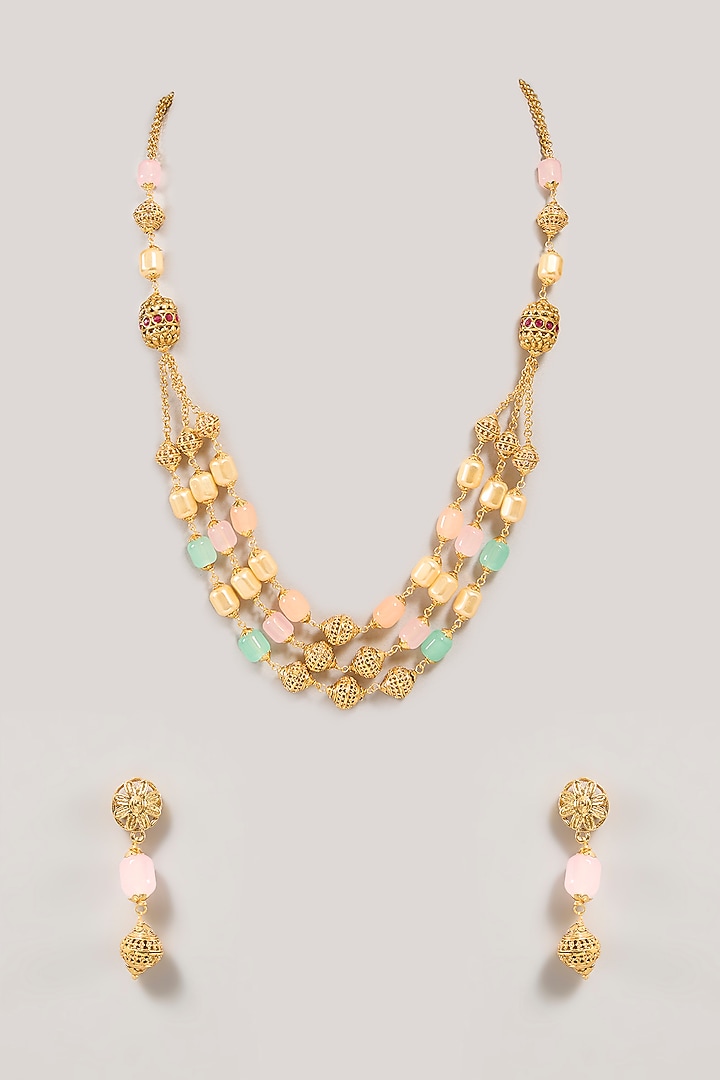 Gold Finish Multi-Colored Beaded Necklace Set by Aura Trends at Pernia's Pop Up Shop