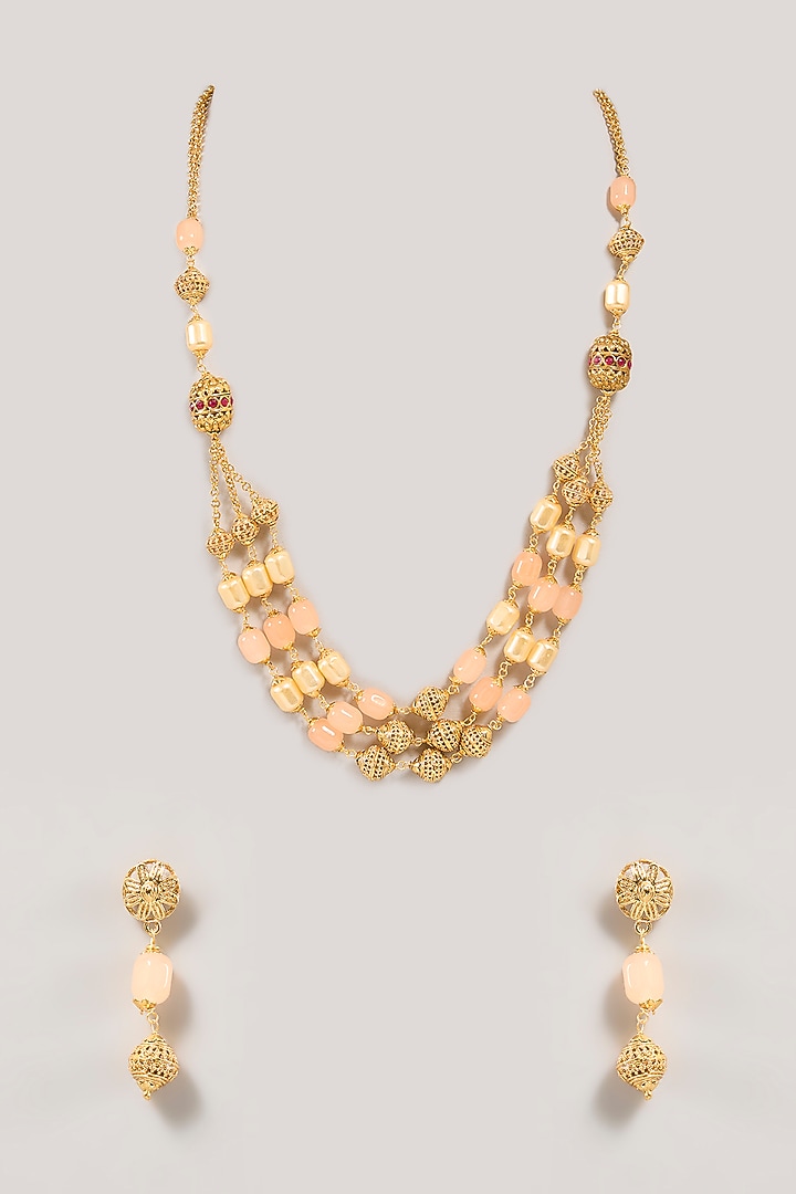 Gold Finish Pink Beaded Necklace Set by Aura Trends at Pernia's Pop Up Shop