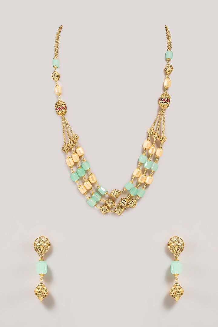 Gold Finish Multi-Colored Beaded Necklace Set by Aura Trends at Pernia's Pop Up Shop