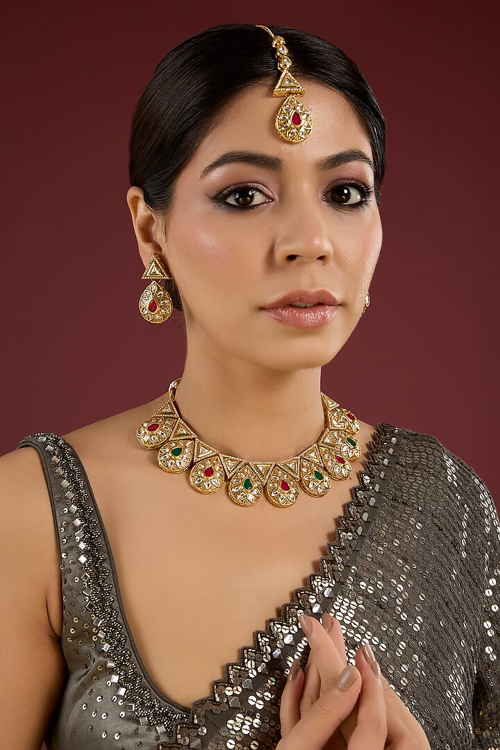 Gold Finish Red & Green Gemstone Necklace Set by Aura Trends at Pernia's Pop Up Shop