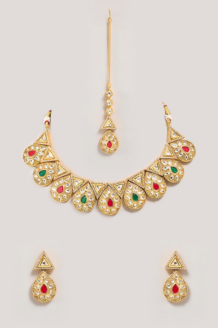 Gold Finish Red & Green Gemstone Necklace Set by Aura Trends at Pernia's Pop Up Shop
