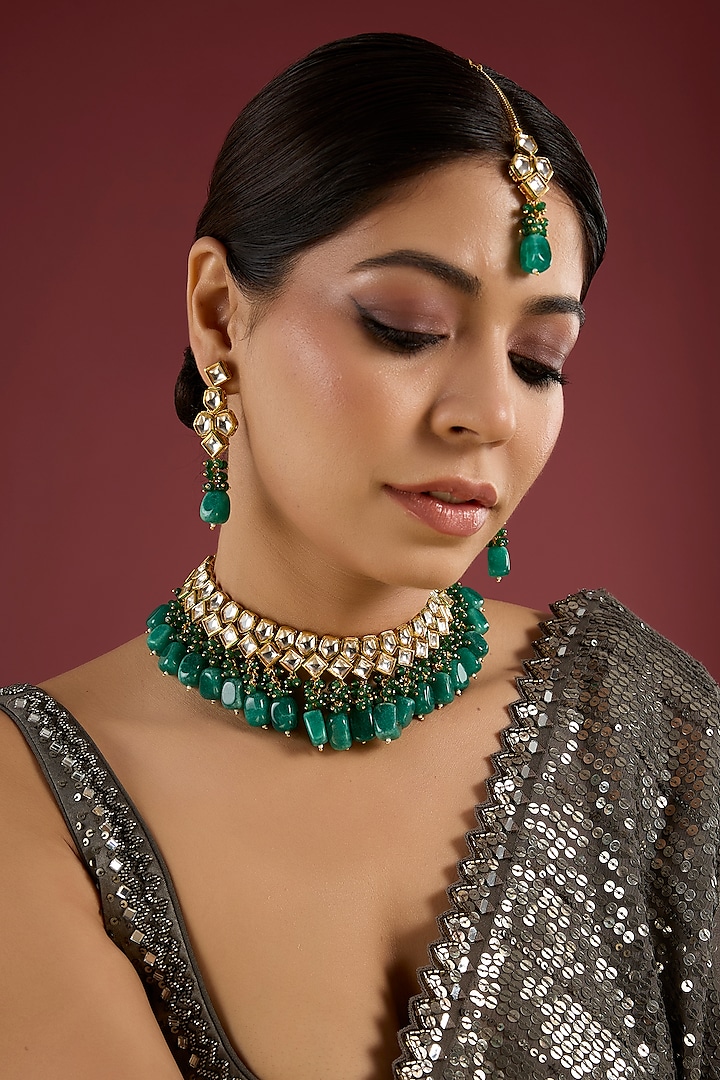 Gold Finish Emerald Green Beaded Choker Necklace Set by Auraa Trends at Pernia's Pop Up Shop