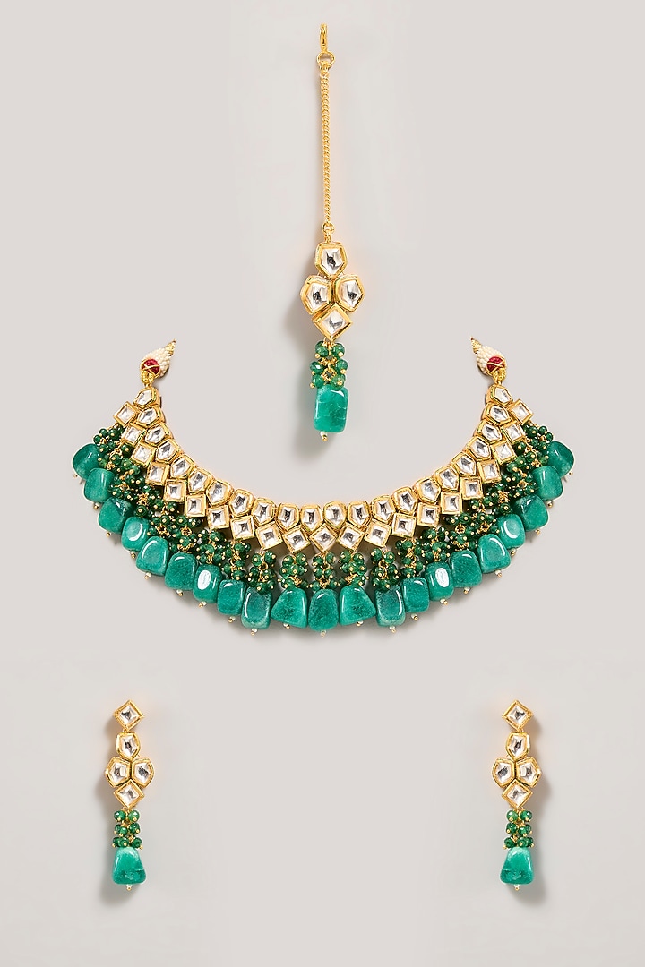 Gold Finish Emerald Green Beaded Choker Necklace Set by Aura Trends at Pernia's Pop Up Shop