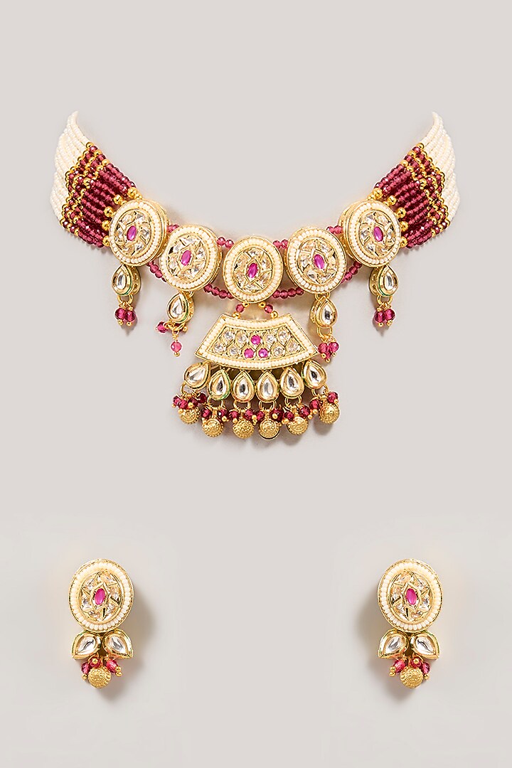 Gold Finish Pink Stone Necklace Set by Aura Trends at Pernia's Pop Up Shop