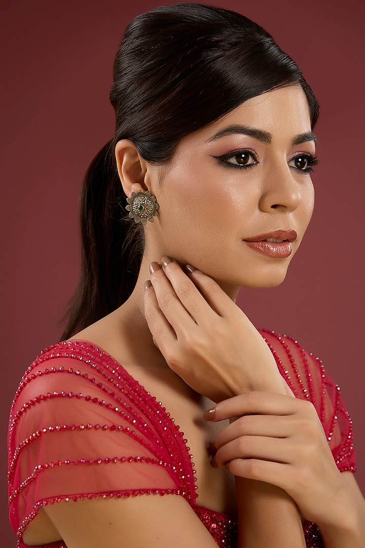 Gold Finish Green Stone Stud Earrings by Aura Trends at Pernia's Pop Up Shop