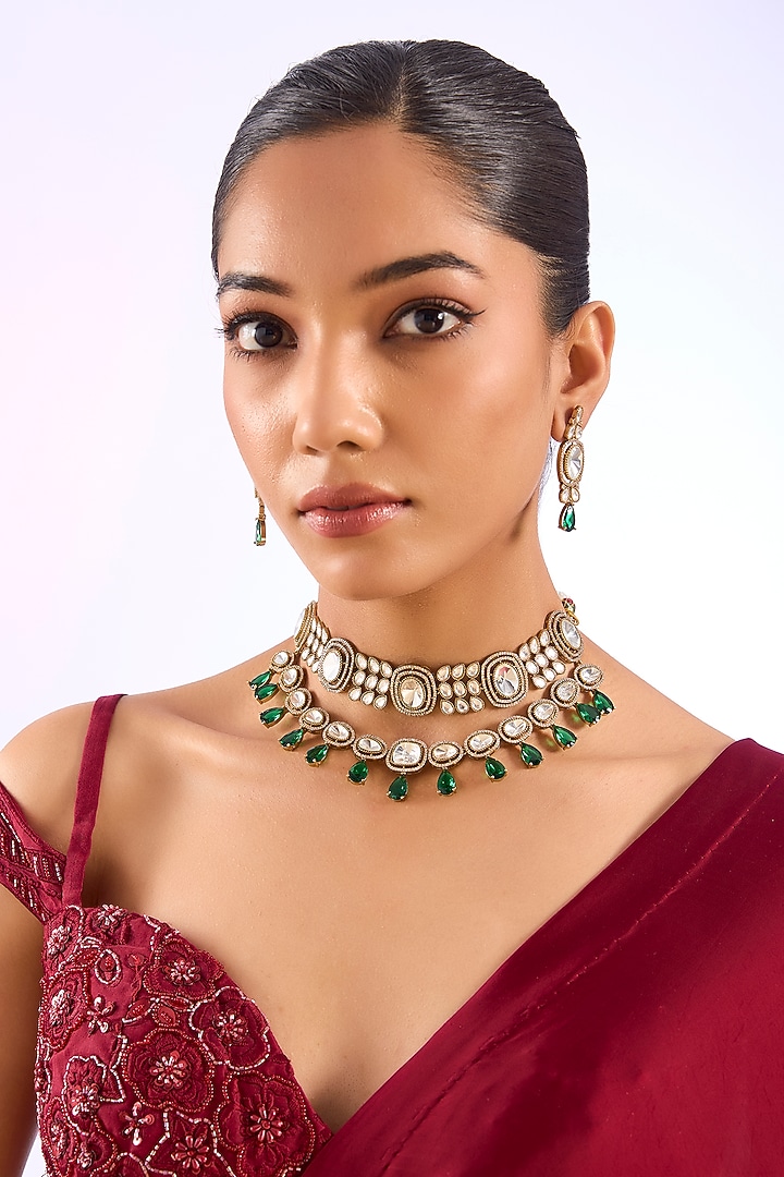 Gold Finish Kundan Polki & Green Stone Choker Necklace Set by Aura Trends at Pernia's Pop Up Shop