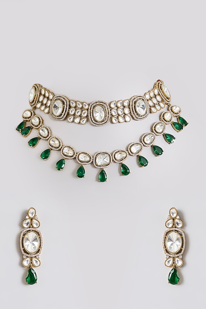 Gold Finish Kundan Polki & Green Stone Choker Necklace Set by Aura Trends at Pernia's Pop Up Shop