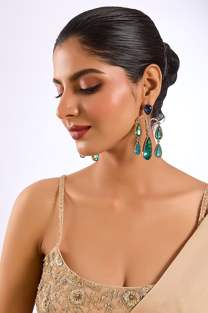 Gold Finish Sapphire Blue & Emerald Stone Statement Earrings by Auraa Trends at Pernia's Pop Up Shop