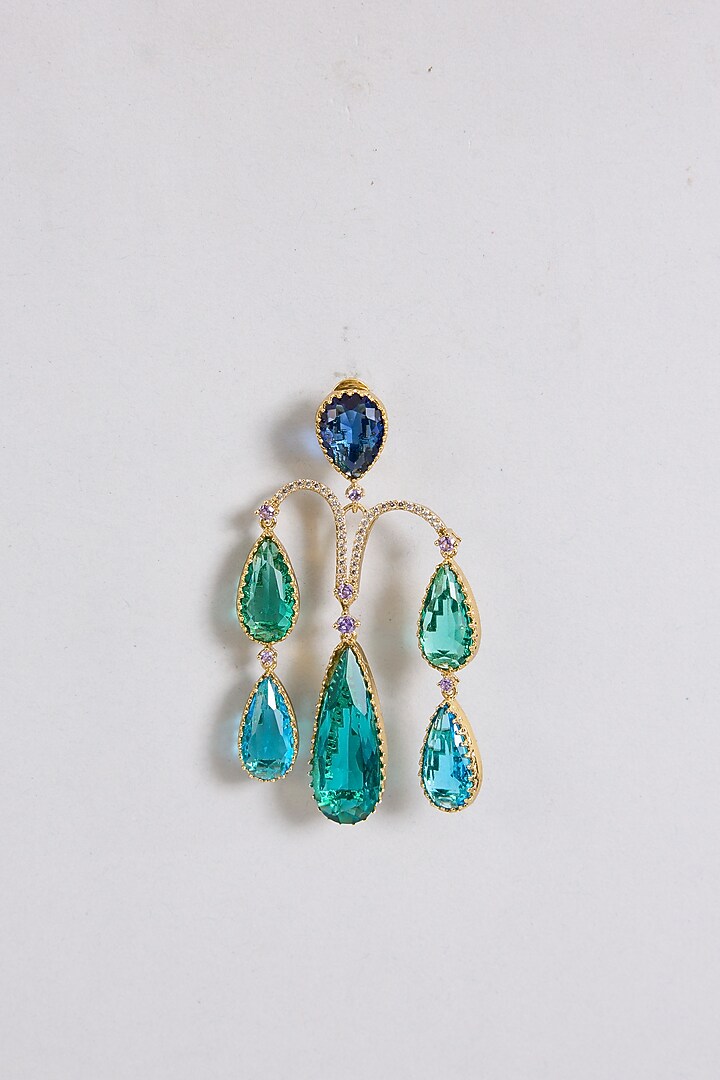 Gold Finish Sapphire Blue & Emerald Stone Statement Earrings by Aura Trends at Pernia's Pop Up Shop